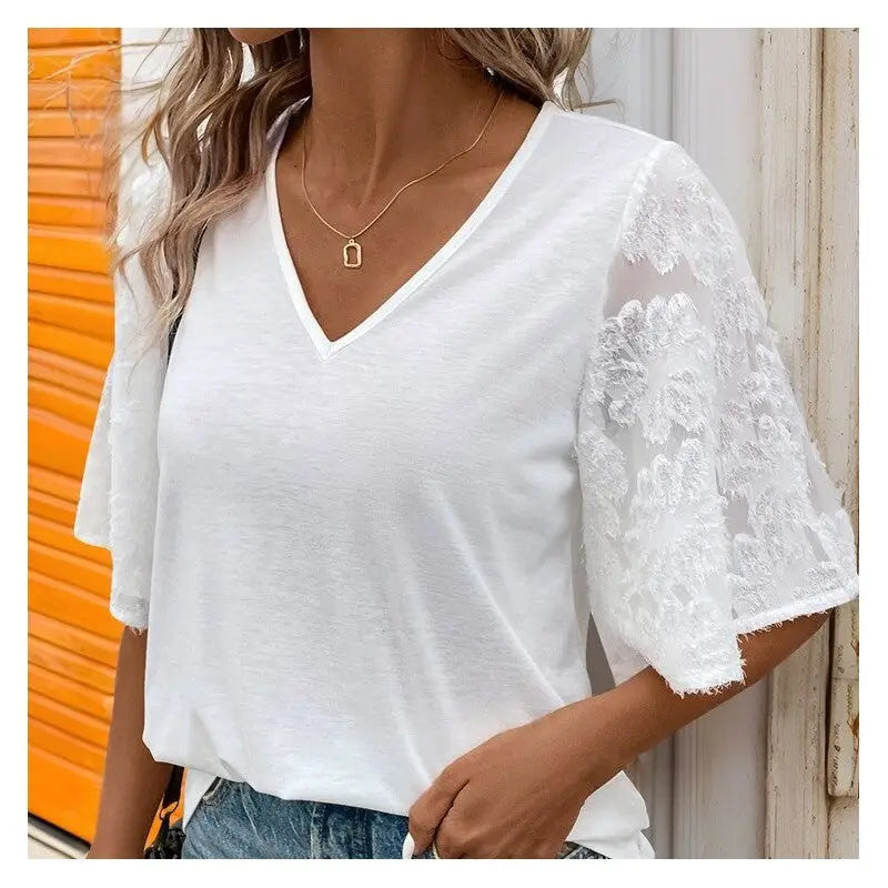 Lace Patchwork Bell Sleeve Solid Color T-Shirt