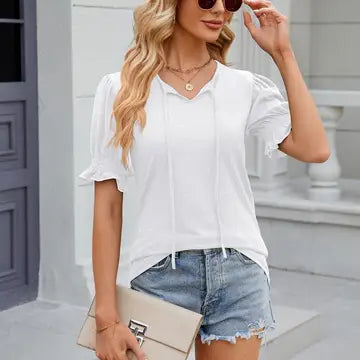 V-Neck Ruffle Short Sleeve Blouse