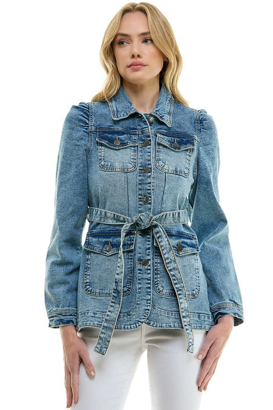Stretch Denim Jacket w/ Belt