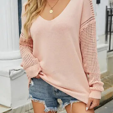 Peach Knit V-Neck Long Sleeve